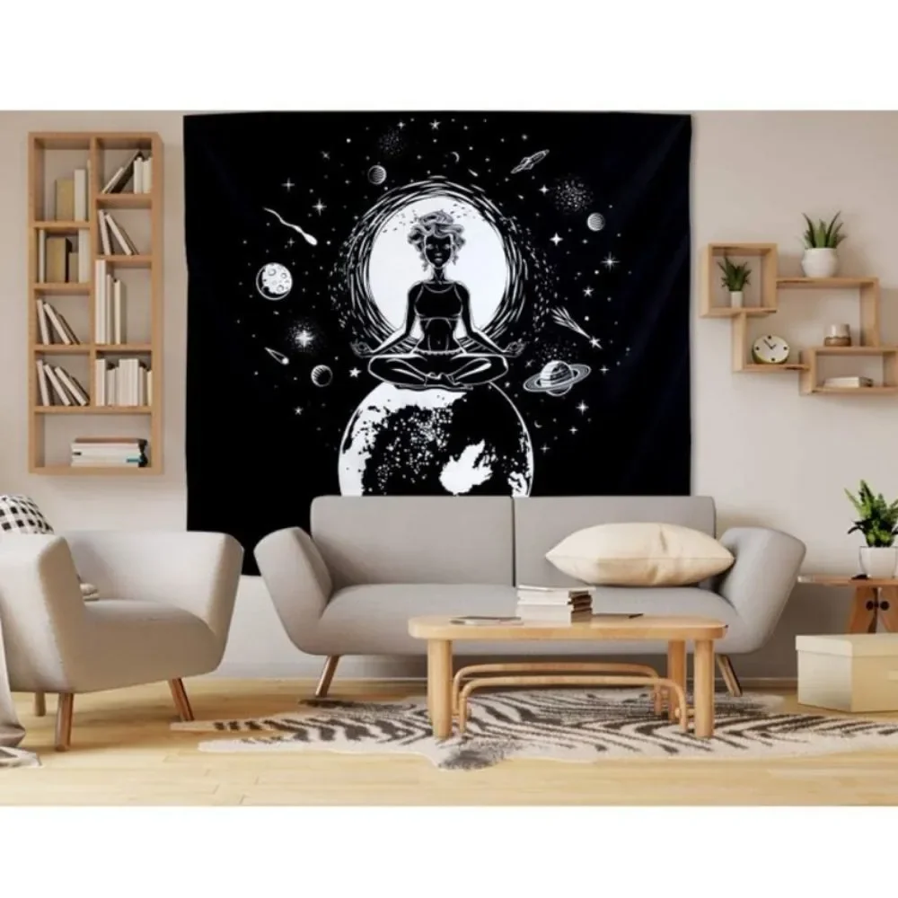 Moon & Stars Meditation Black & White Tapestry New Woman Sitting on top of World